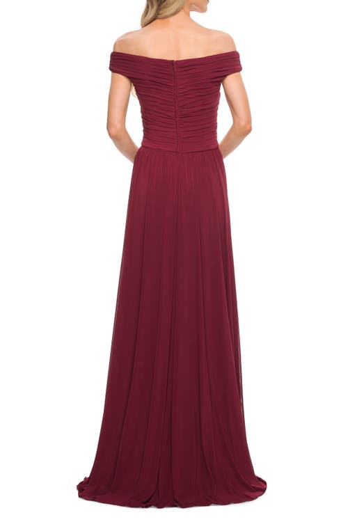 La Femme Off The Shoulder Net Jersey Long Dress With Ruching