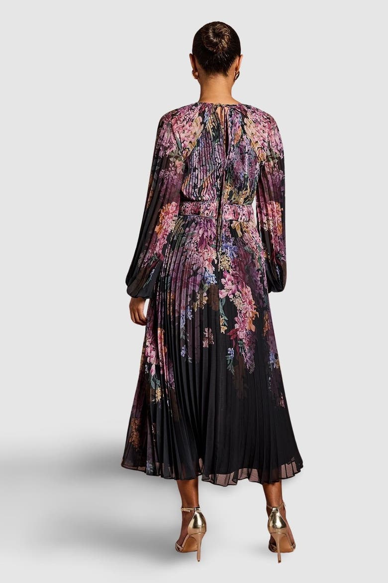 Petite Printed Pleated Wrap Dress, Alternate, color, Black