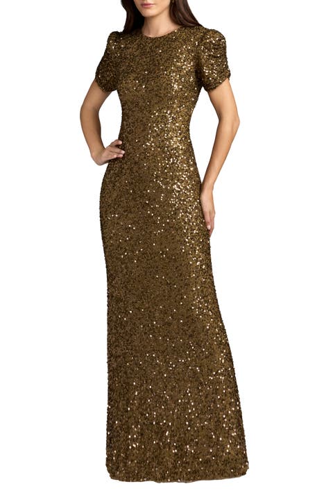 Gathered Short Sleeve Embellished Gown