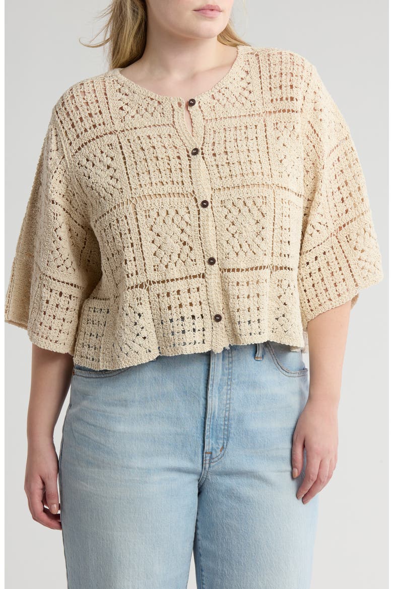 Crochet Short Sleeve Button-Up Crop Top, Main, color, NATURAL