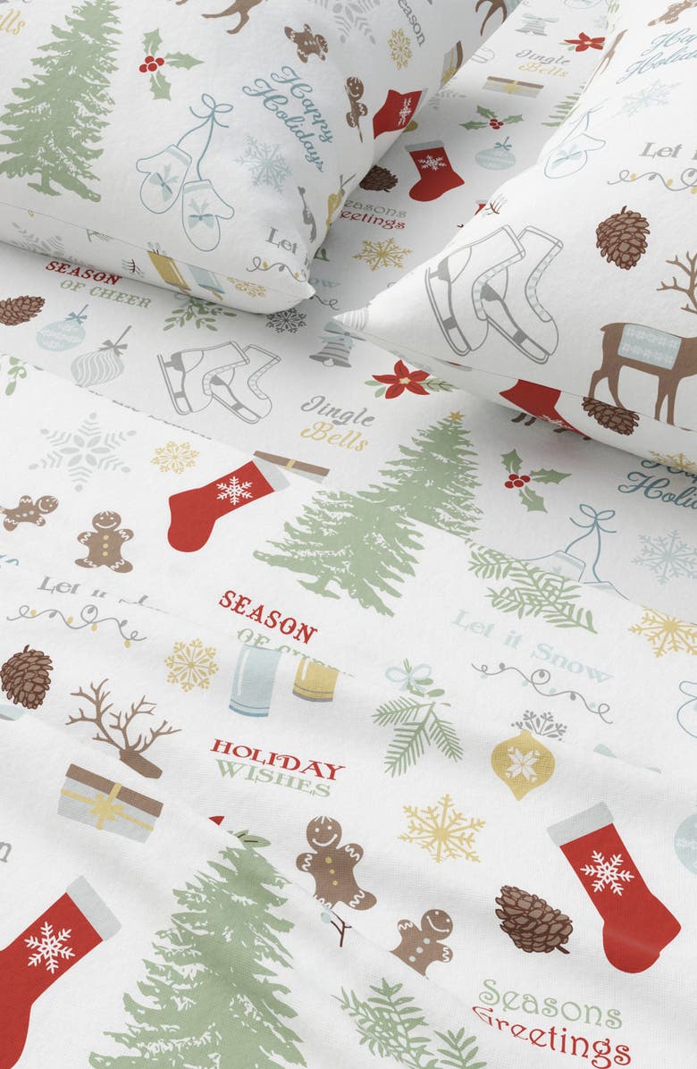 Woven & Weft Turkish Cotton Flannel Holiday Sheet Set, Alternate, color, Holiday Time