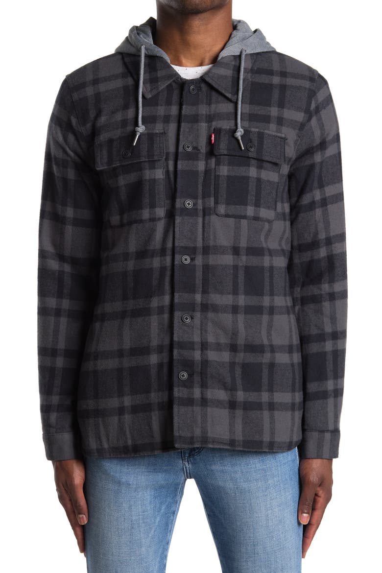 Plaid Faux Shearling Lined Jersey Hood Shirt Jacket, Alternate, color, GREY/NAVY PLAID