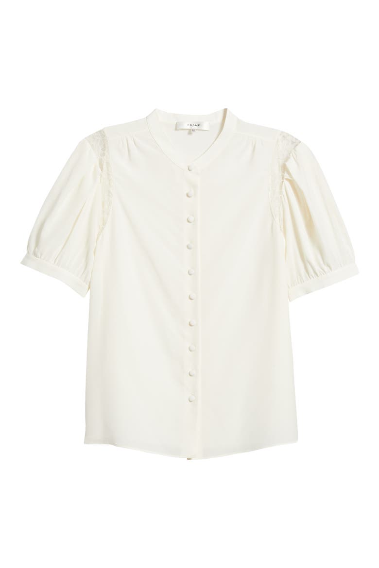 Lace Inset Silk Button-Up Shirt, Alternate, color, CREAM