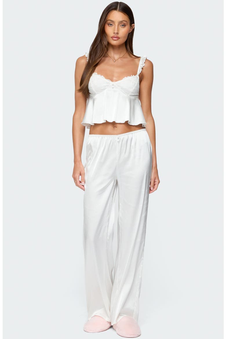 Izabella Ruffle Lace Trim Satin Effect Crop Camisole, Alternate, color, WHITE