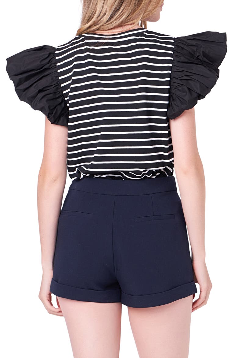 Mixed Media Stripe Ruffle Sleeve Top, Alternate, color, BLACK/ WHITE