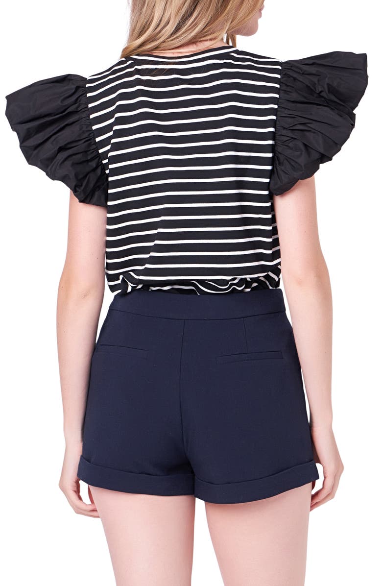 English Factory Mixed Media Stripe Ruffle Sleeve Top, Alternate, color, Black/ White
