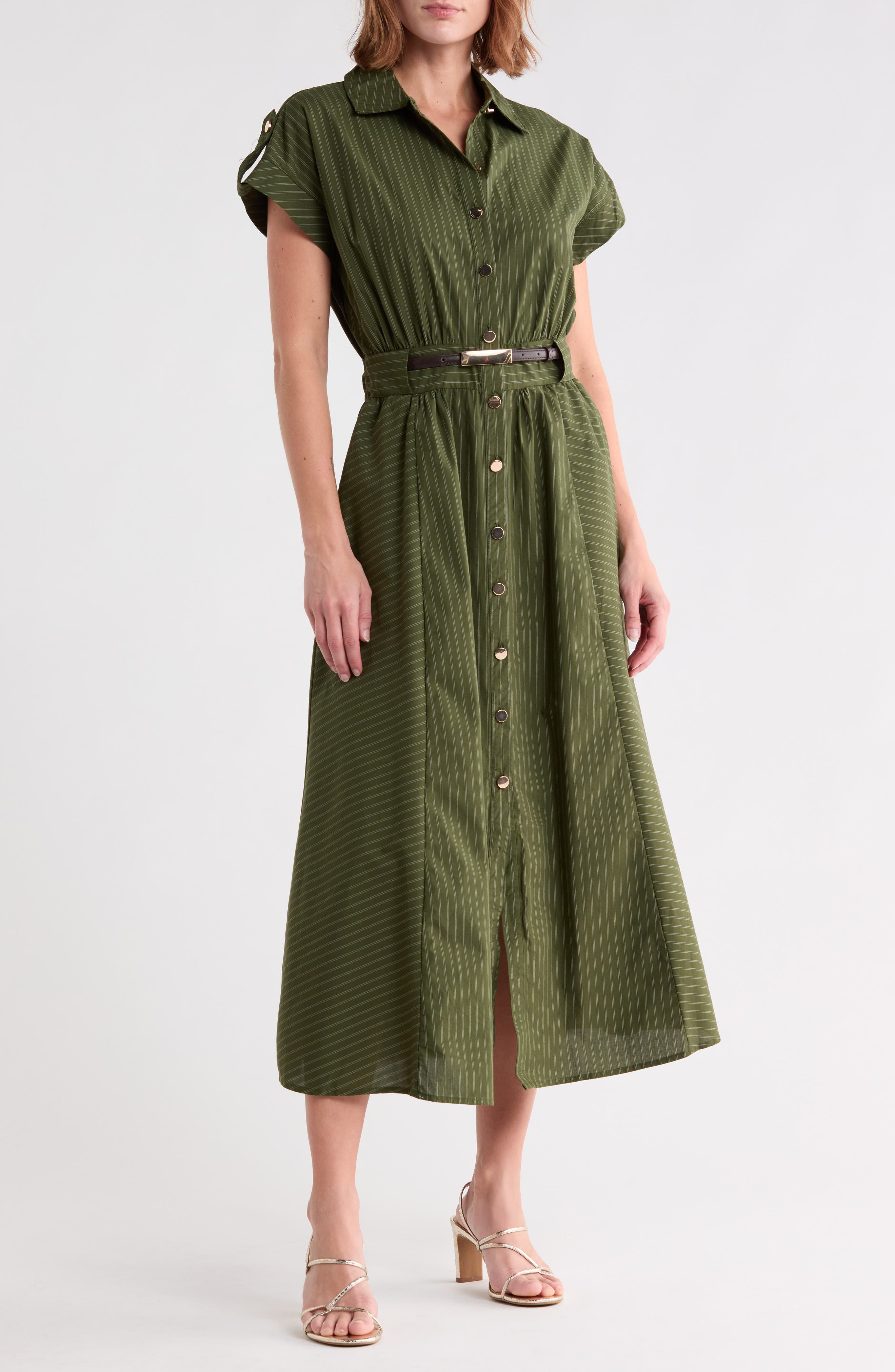 Stripe Short Sleeve Belted Cotton Shirtdress