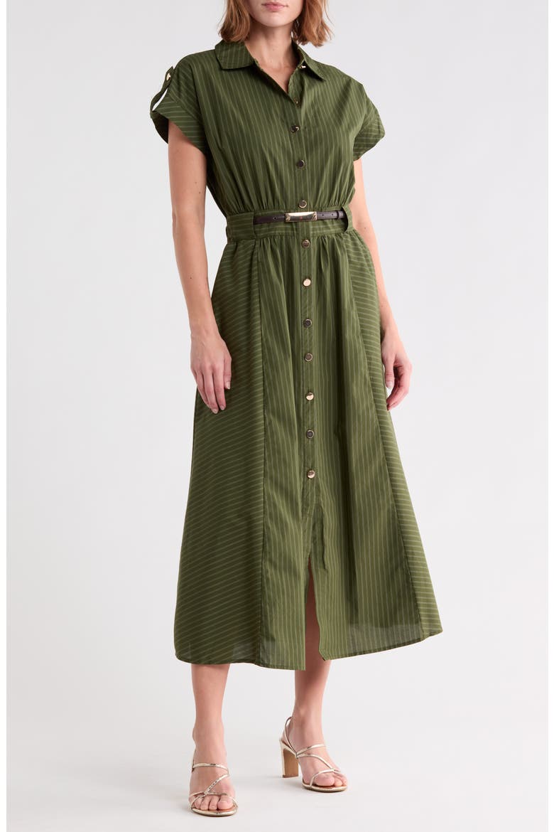 Stripe Short Sleeve Belted Cotton Shirtdress, Main, color, GREEN