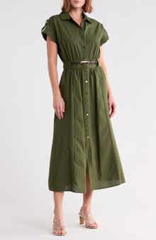 Stripe Short Sleeve Belted Cotton Shirtdress
