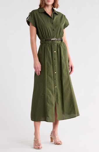 Stripe Short Sleeve Belted Cotton Shirtdress