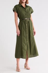 BADGLEY MISCHKA Stripe Short Sleeve Belted Cotton Shirtdress