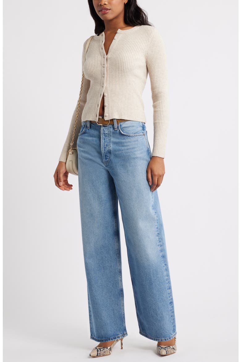 Ribbed Crewneck Cardigan, Alternate, color, BEIGE OATMEAL HEATHER