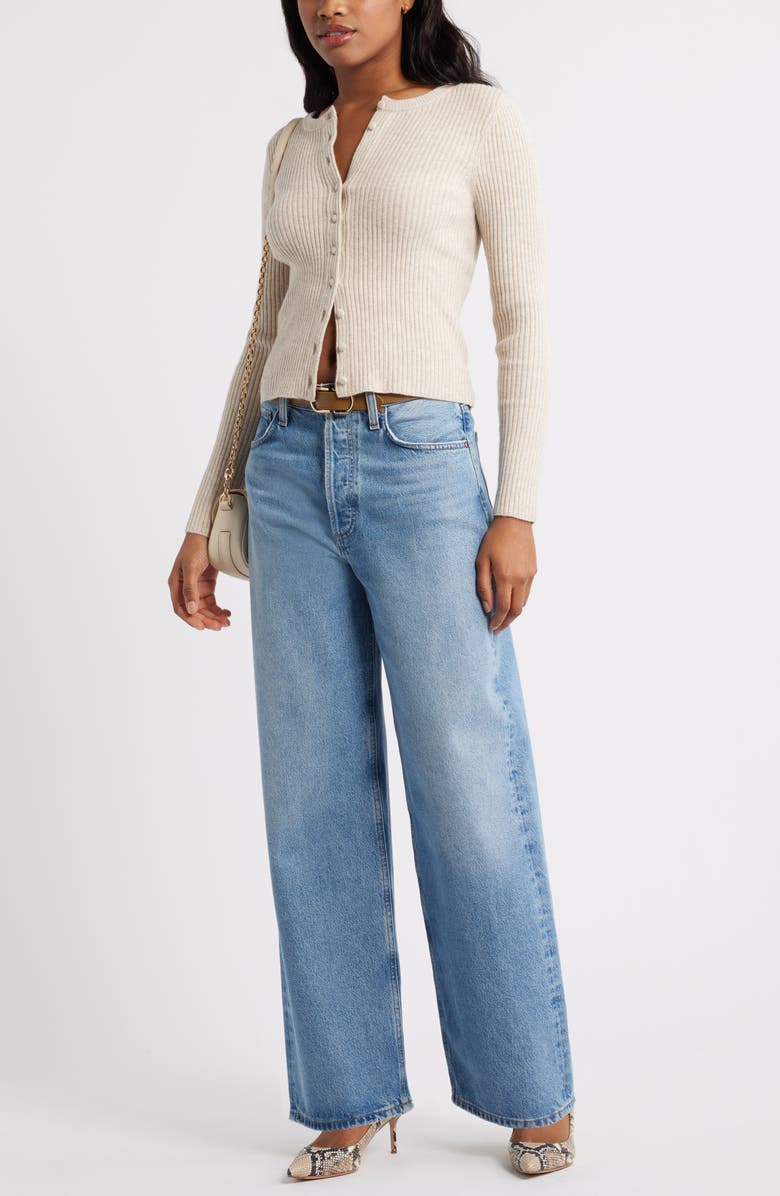 Open Edit Ribbed Crewneck Cardigan, Alternate, color, Beige Oatmeal Heather