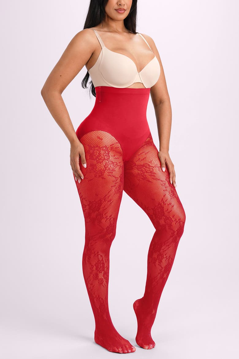 High Waist Floral Lace Tummy Smoothing Sheer Shaping Tights, Alternate, color, Red