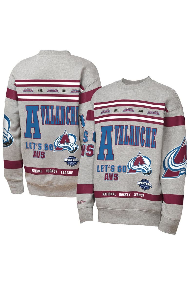Youth Mitchell & Ness Heather Gray Colorado Avalanche Allover Print Fleece Crewneck Sweatshirt, Main, color, Heather Gray