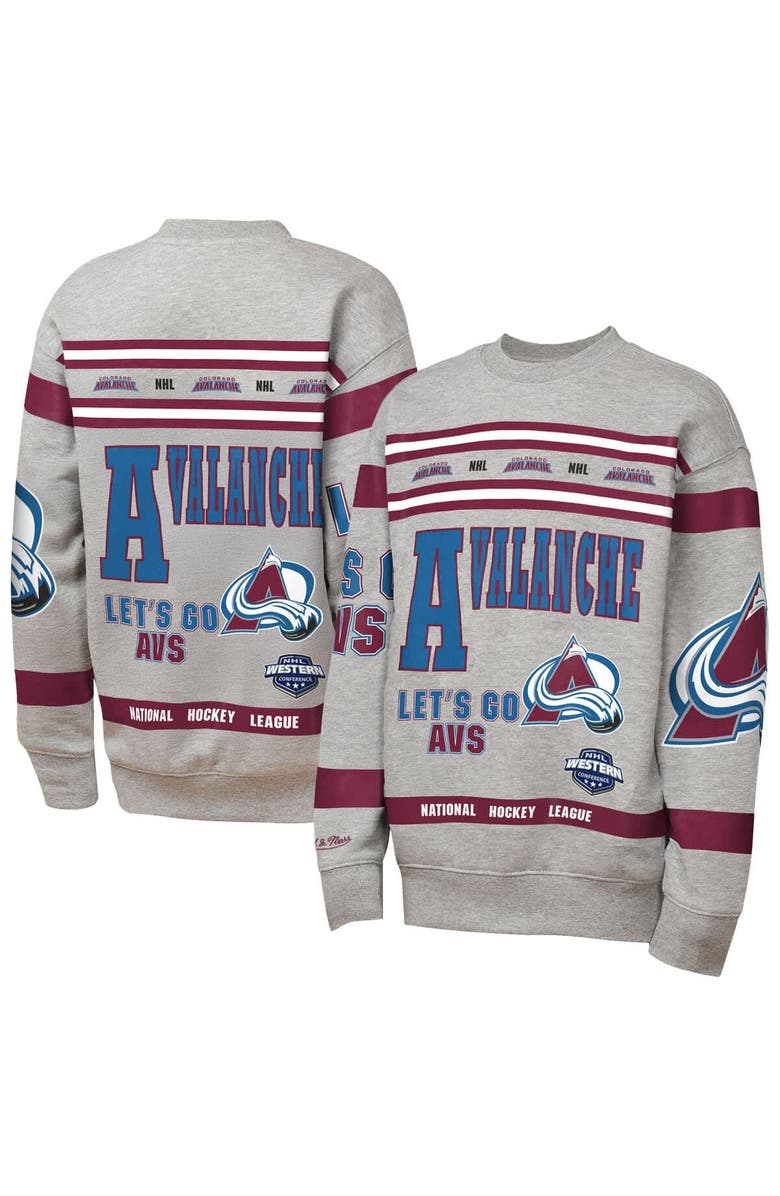 Mitchell & Ness Youth Mitchell & Ness Heather Gray Colorado Avalanche Allover Print Fleece Crewneck Sweatshirt, Main, color, Heather Gray