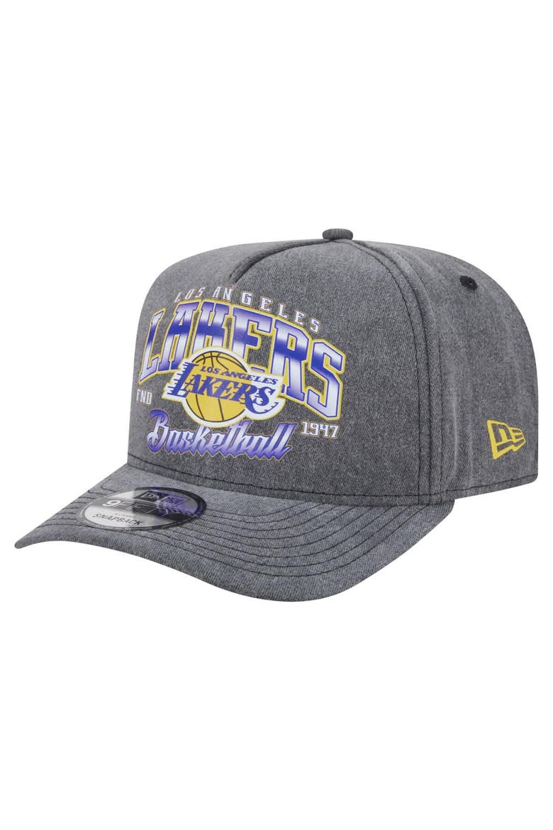 Men's New Era  Charcoal Los Angeles Lakers Throwback Washed Pre-Curved 9FIFTY Snapback Hat, Main, color, Charcoal