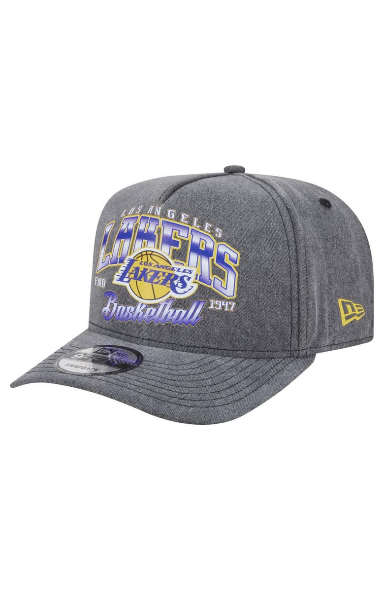 New Era Men's New Era Charcoal Los Angeles Lakers Throwback Washed Pre-Curved 9FIFTY Snapback Hat, Main, color, Charcoal