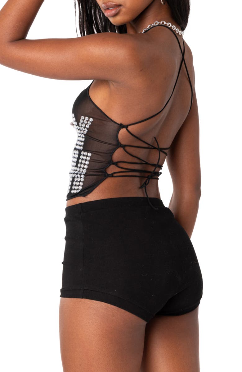 EDIKTED Slay B Lace-Up Sheer Mesh Crop Top, Alternate, color, Black