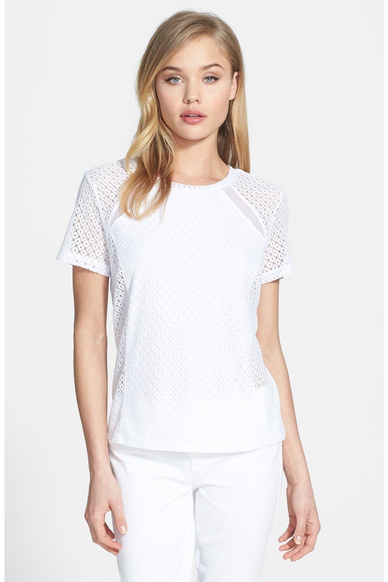 Mesh Inset Lace Tee, Main, color, WHITE