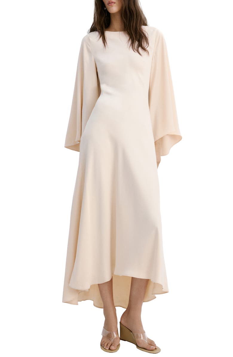 MANGO Long Sleeve Flare Satin Maxi Dress, Main, color, Pale Pink