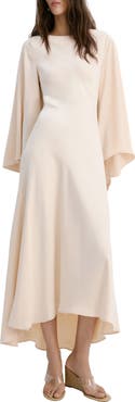 MANGO Long Sleeve Flare Satin Maxi Dress