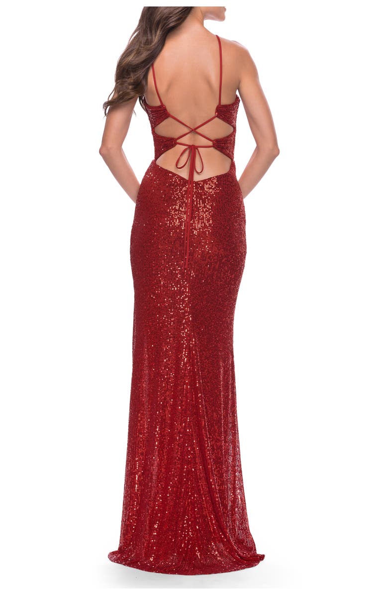 La Femme Stretch Sequin Dress with Unique Front Cut Outs, Alternate, color, Red