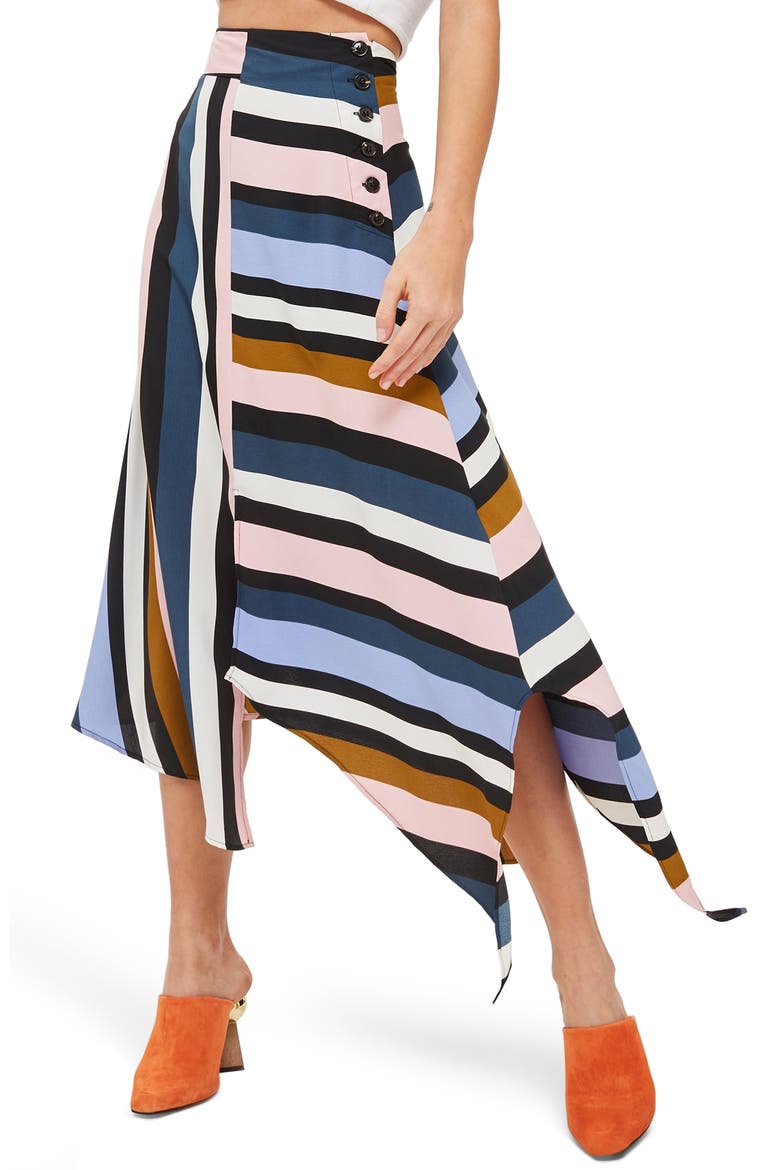 Multi Stripe Asymmetric Midi Skirt, Alternate, color, BLACK MULTI