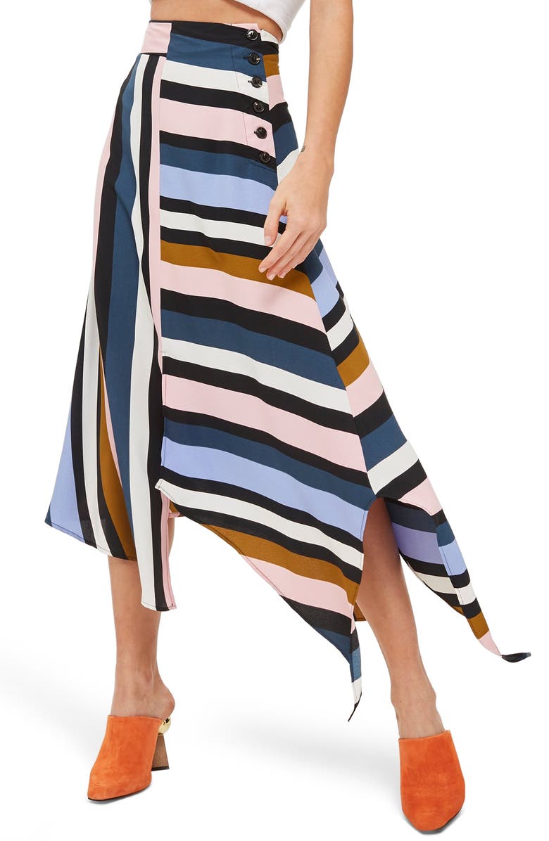 Topshop Multi Stripe Asymmetric Midi Skirt, Alternate, color, 
