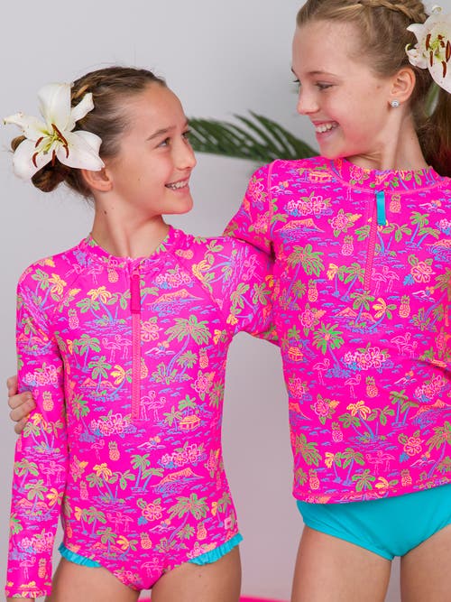 Shop Rufflebutts Girls Upf50+ Sun Protection Long Sleeve Rash Guard One Piece In Neon Island Time