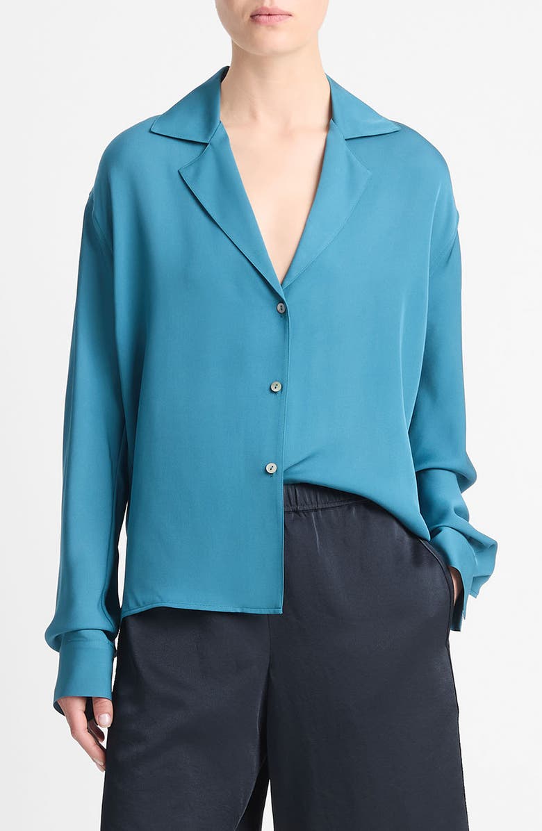 Vince Dolman Sleeve Silk Button-Up Top, Main, color, 