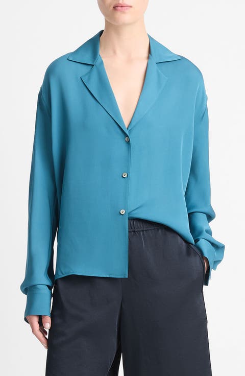 Dolman Sleeve Silk Button-Up Top