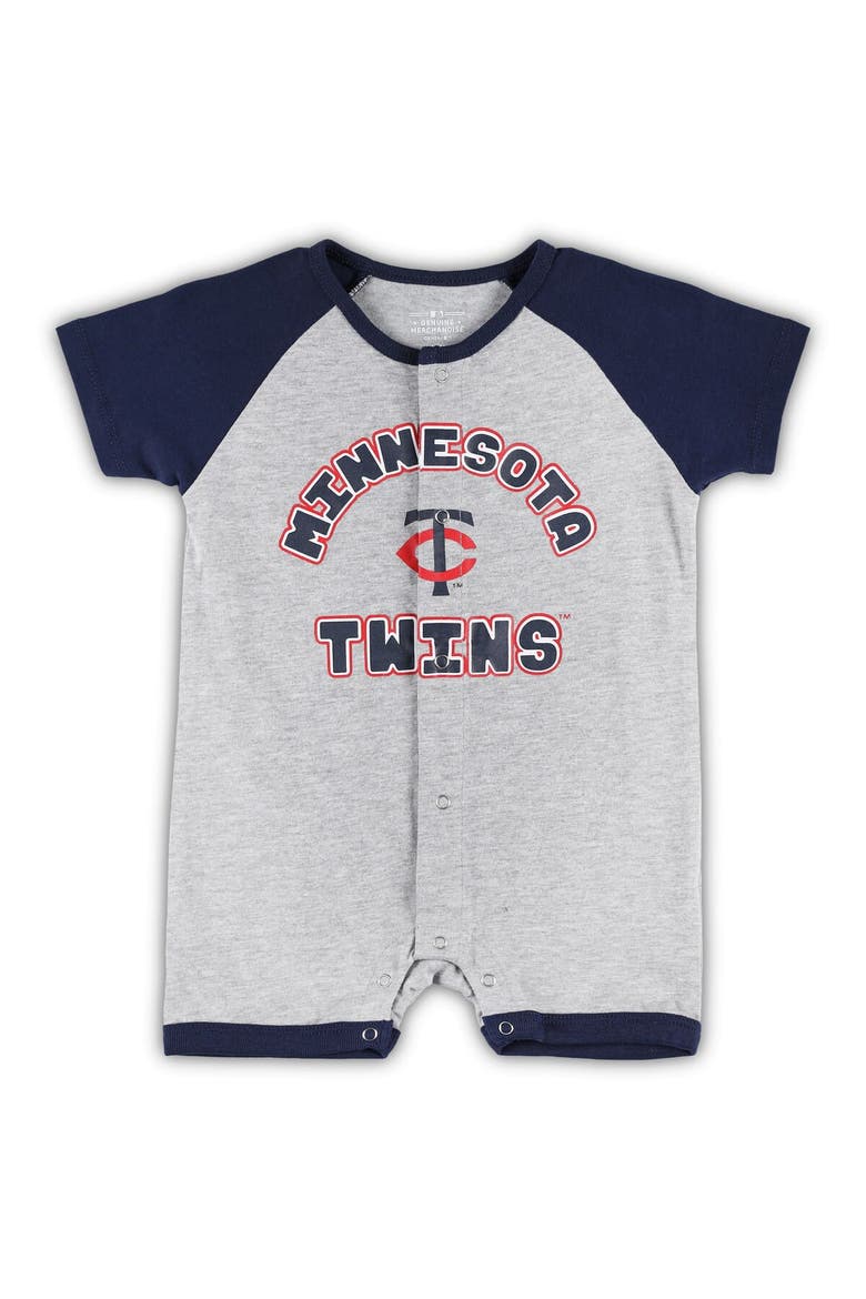 Infant  Heather Gray Minnesota Twins Extra Base Hit Raglan Full-Snap Romper, Main, color, Heather Gray