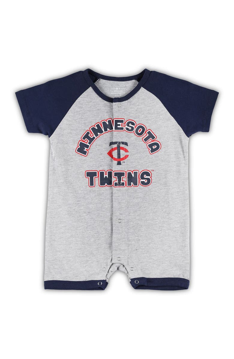Outerstuff Infant  Heather Gray Minnesota Twins Extra Base Hit Raglan Full-Snap Romper, Main, color, Heather Gray