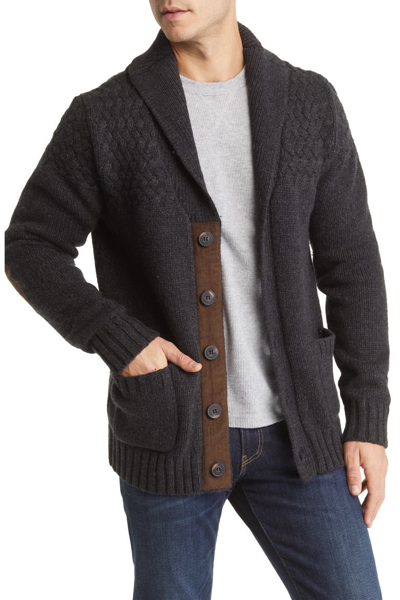 Corduroy Elbow Patch Wool Blend Cardigan, Main, color, HEATHER BLACK