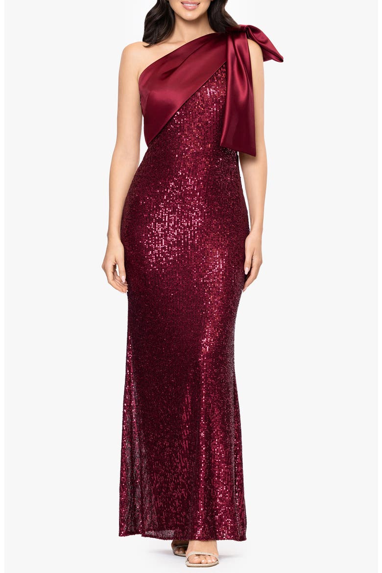 Sequin Bow One-Shoulder Column Gown, Main, color, BURGUNDY