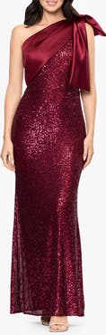 Betsy & Adam Sequin Bow One-Shoulder Column Gown