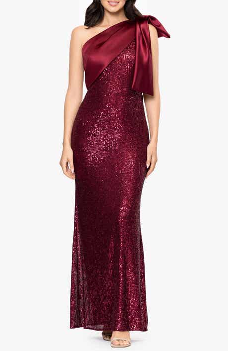 Betsy & Adam Sequin Bow One-Shoulder Column Gown