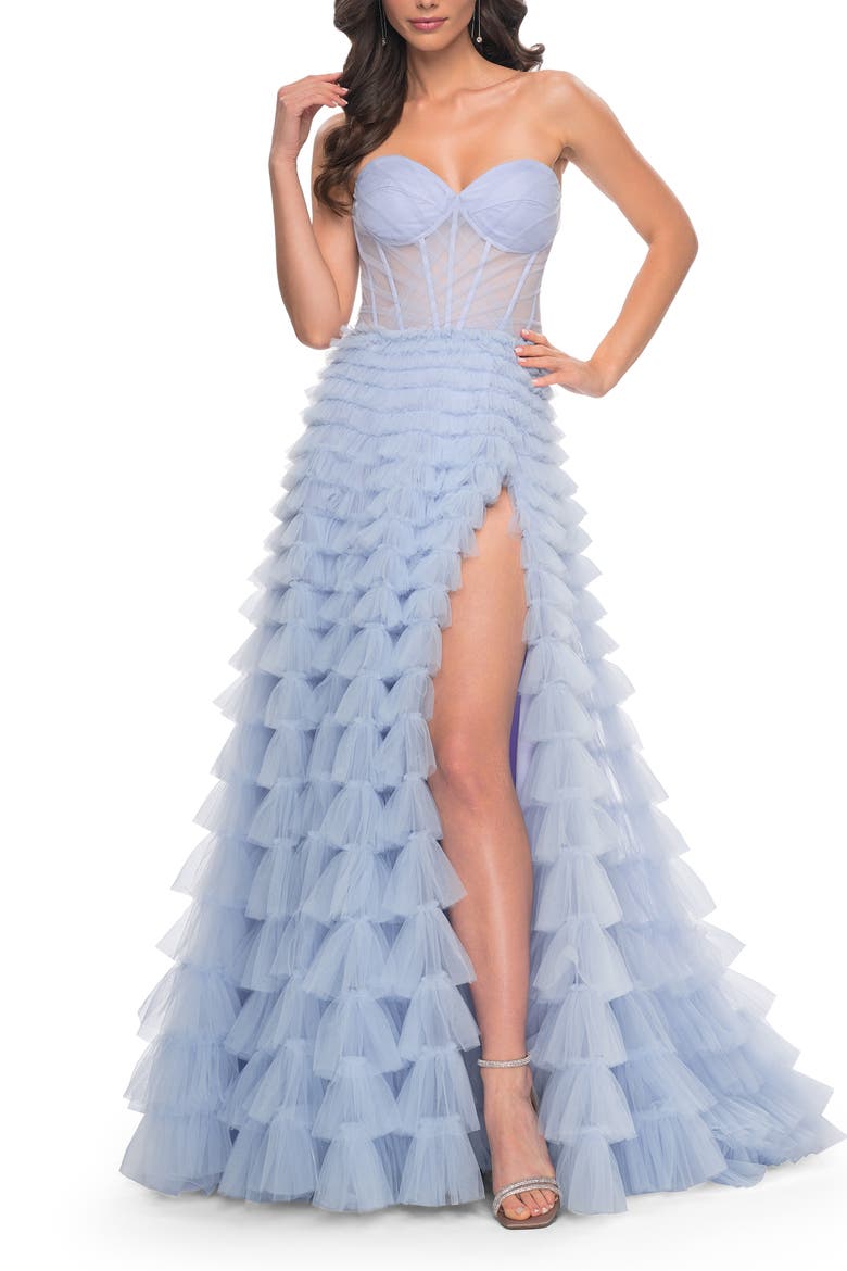 A-Line Ruffle Tulle Prom Dress with Sweetheart Top, Alternate, color, Light Periwinkle