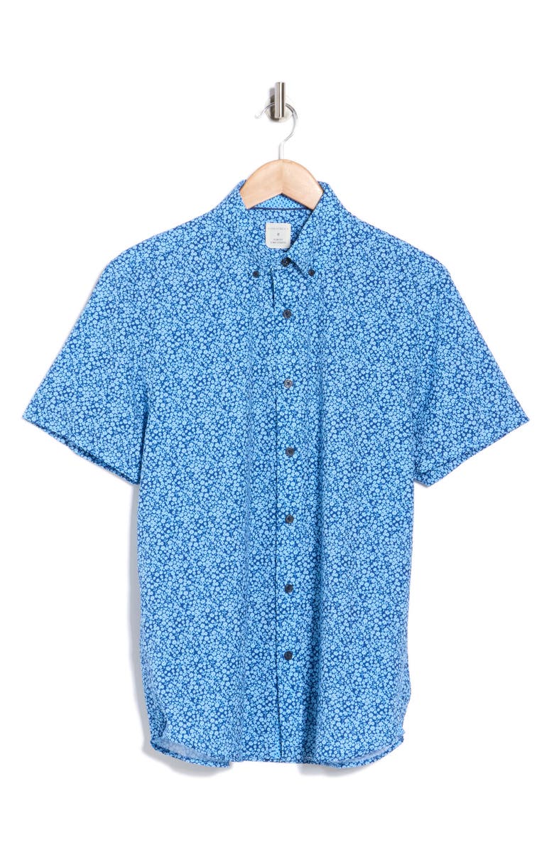 CONSTRUCT Floral Short Sleeve Woven Button-Down Shirt, Main, color, Navy
