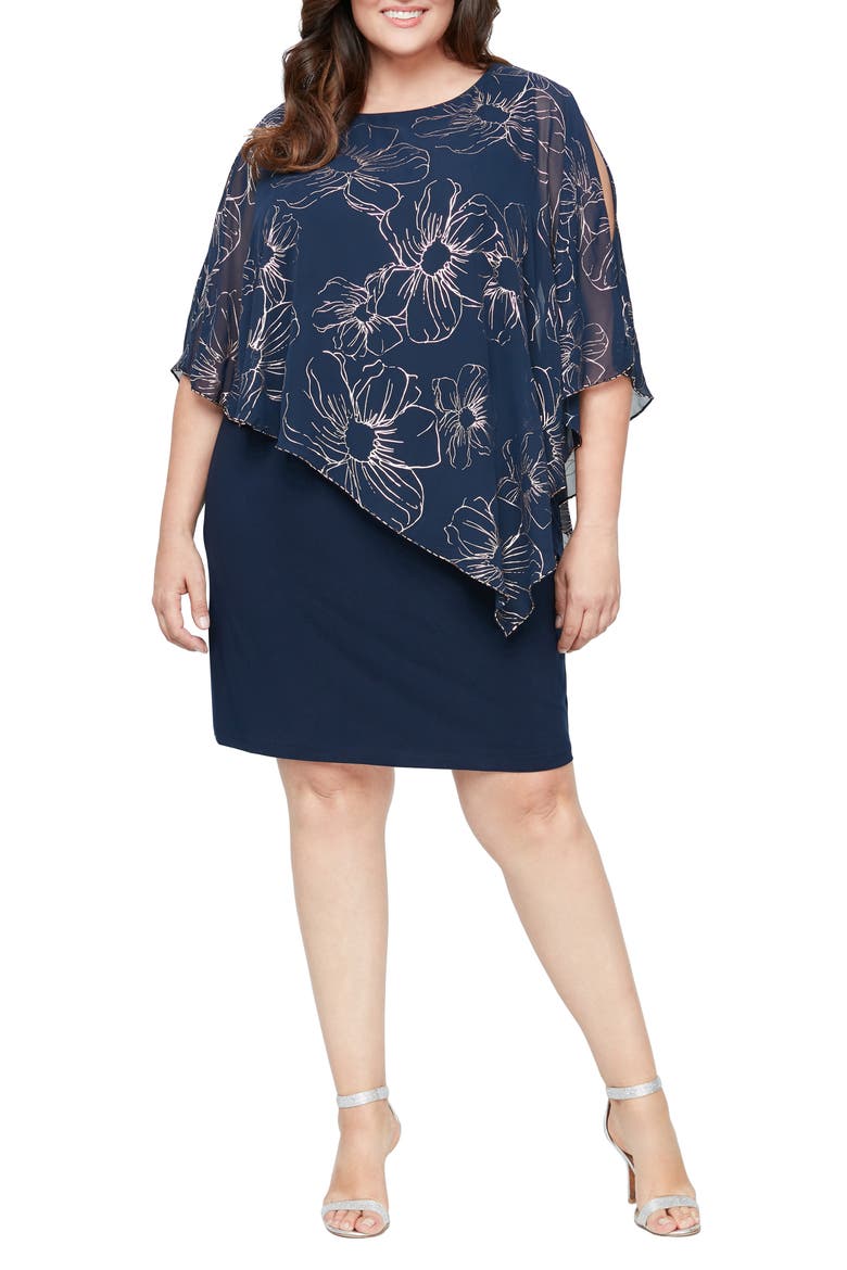 Floral Asymmetric Popover Shift Dress, Main, color, NAVY/ ROSE GOLD