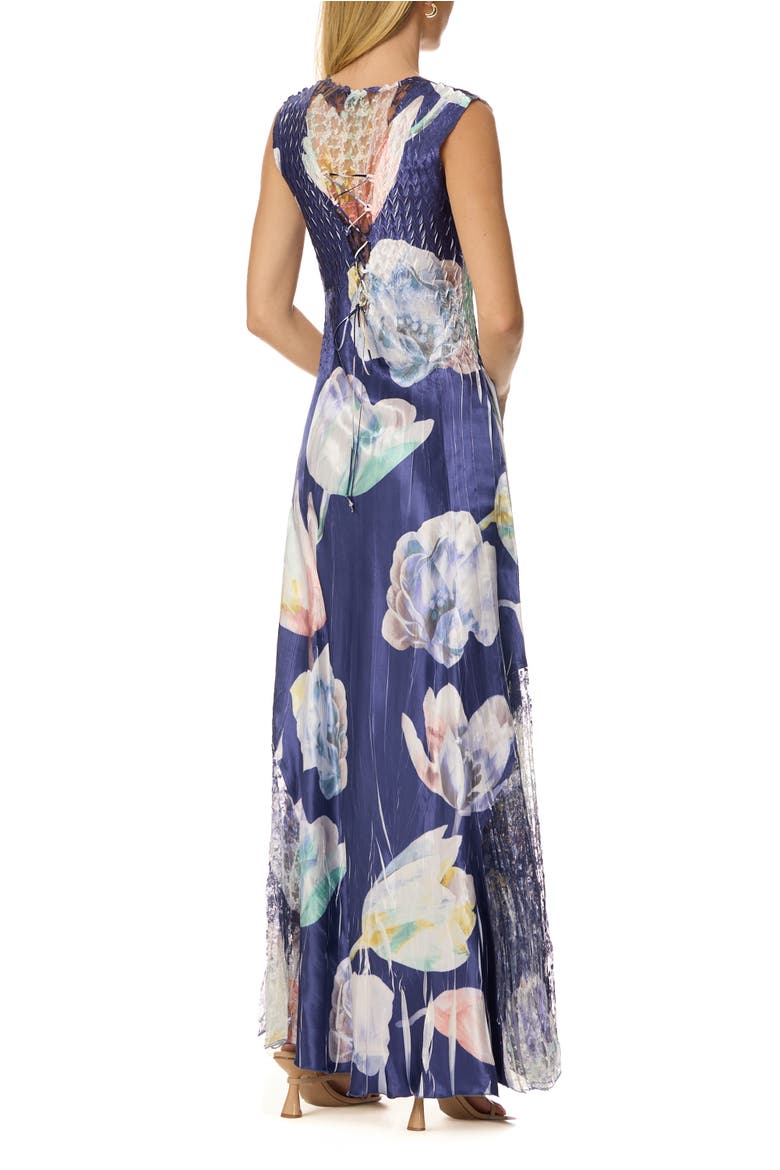 Floral Lace Up Back Maxi Dress Indigo Bloom, Alternate, color, Indigo Bloom