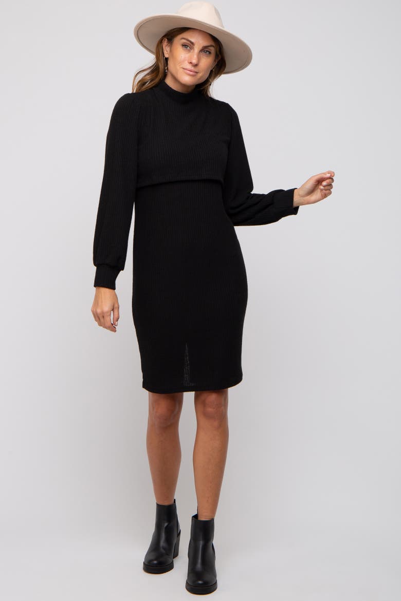 Rib Knit Mock Neck Mock Neck Nursing Dress, Alternate, color, Black