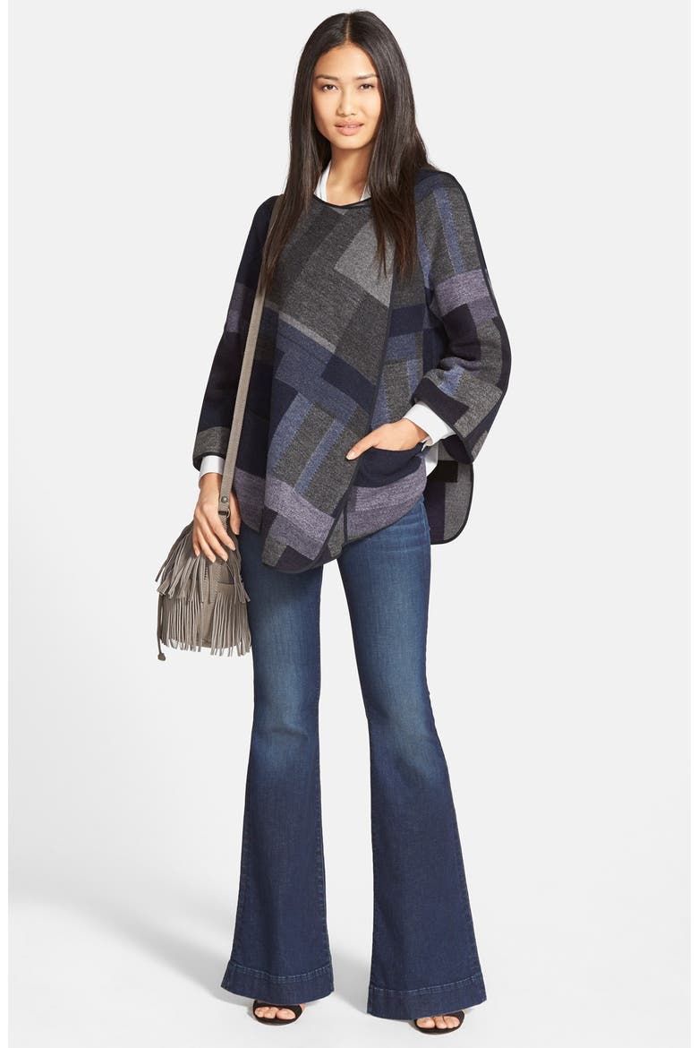 Patchwork Print Wool Blend Bell Sleeve Cape, Alternate, color, BLUE/ GREY