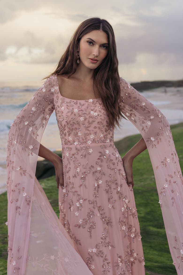 Beaded Georgette Square Neck Cape Sleeve Gown, Alternate, color, Rose