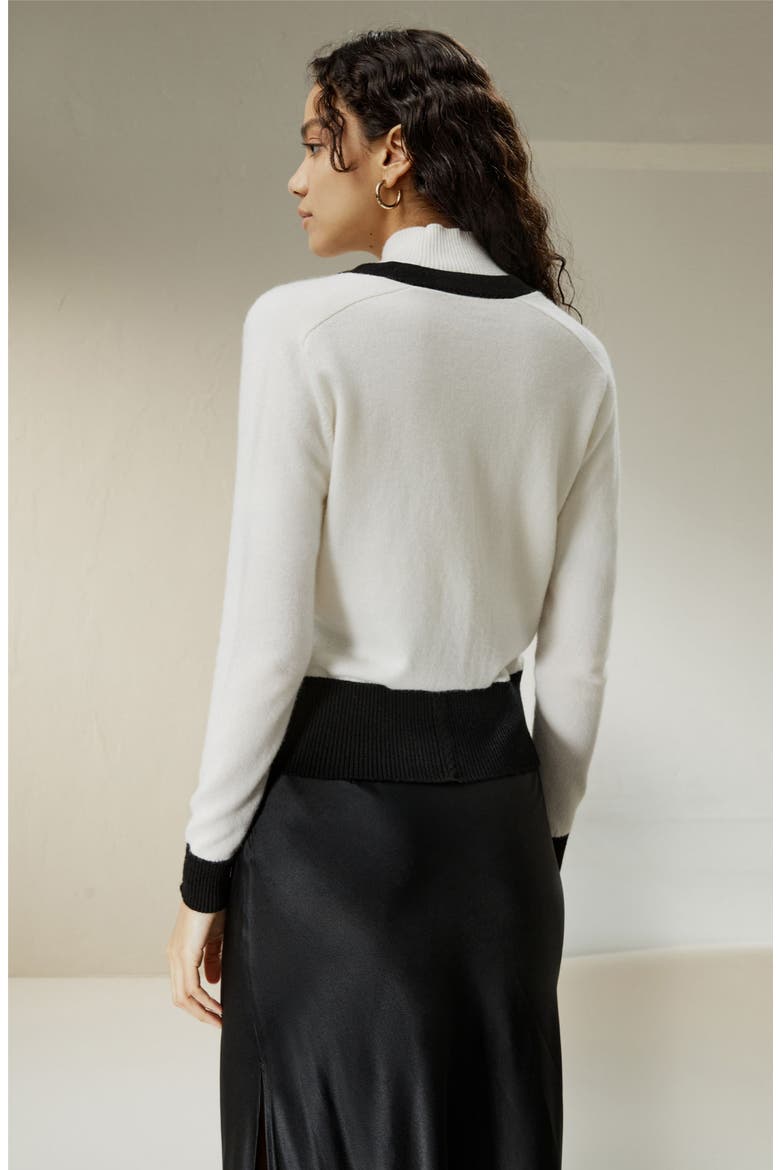 Gemini Cashmere Cardigan with Contrasting Hem, Alternate, color, White