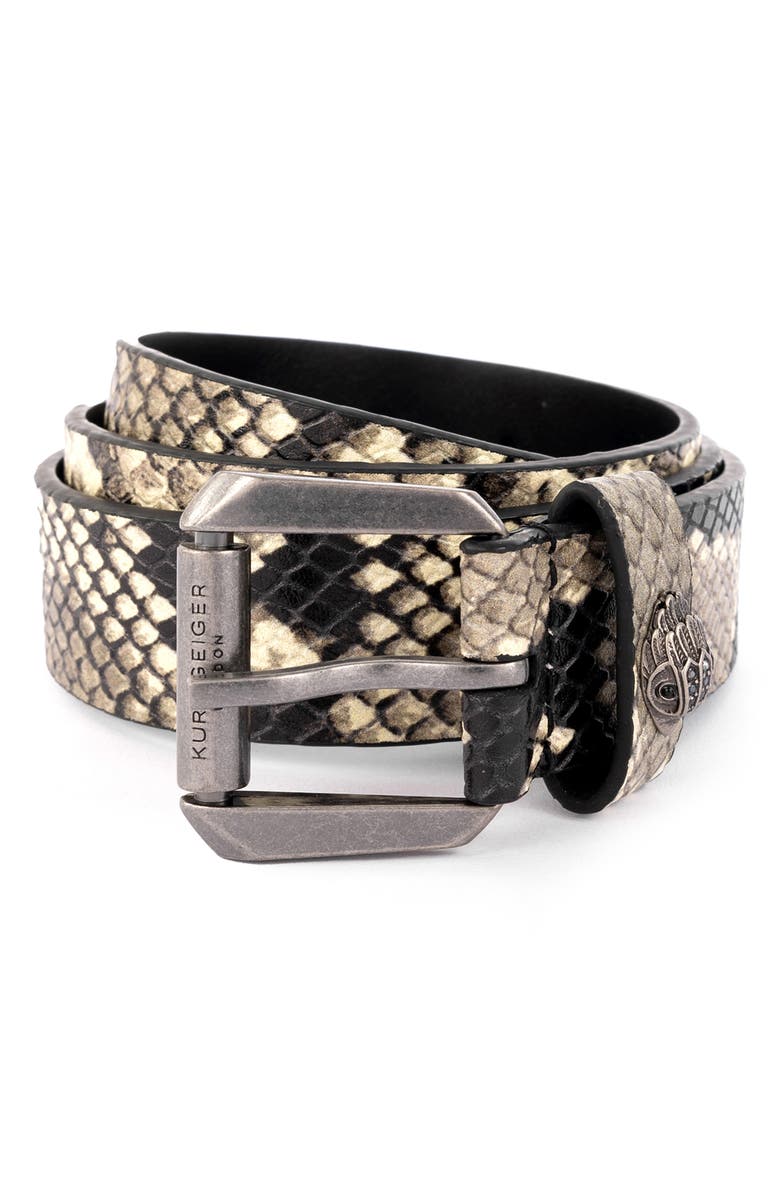 Kurt Geiger London Studded Snakeskin Print Leather Belt, Main, color, Light Brown/ Antique Silver