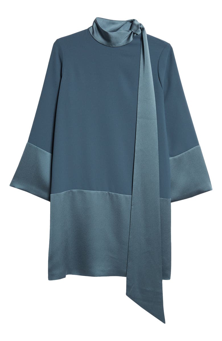 ST. JOHN Scarf Neck Long Sleeve Crepe Back Satin Shift Dress, Alternate, color, Prussian Blue