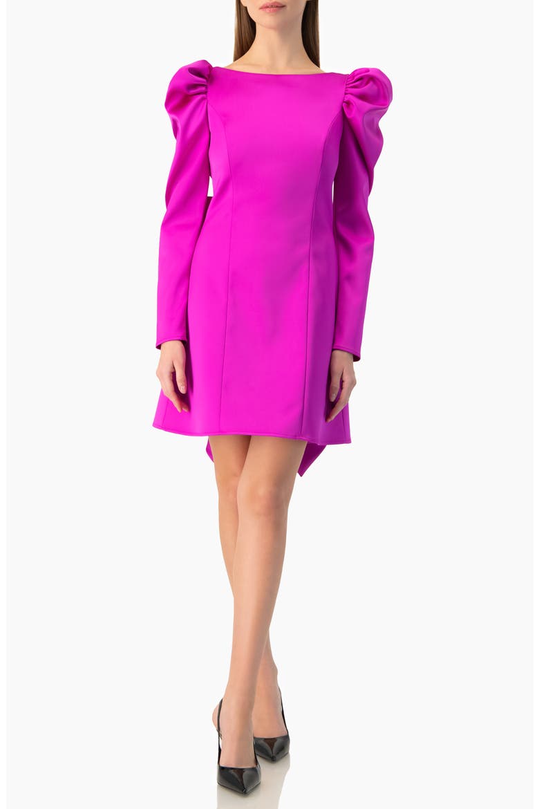 Puff-Sleeve Open-Back Bow Mini Dress in Satin, Alternate, color, Magenta