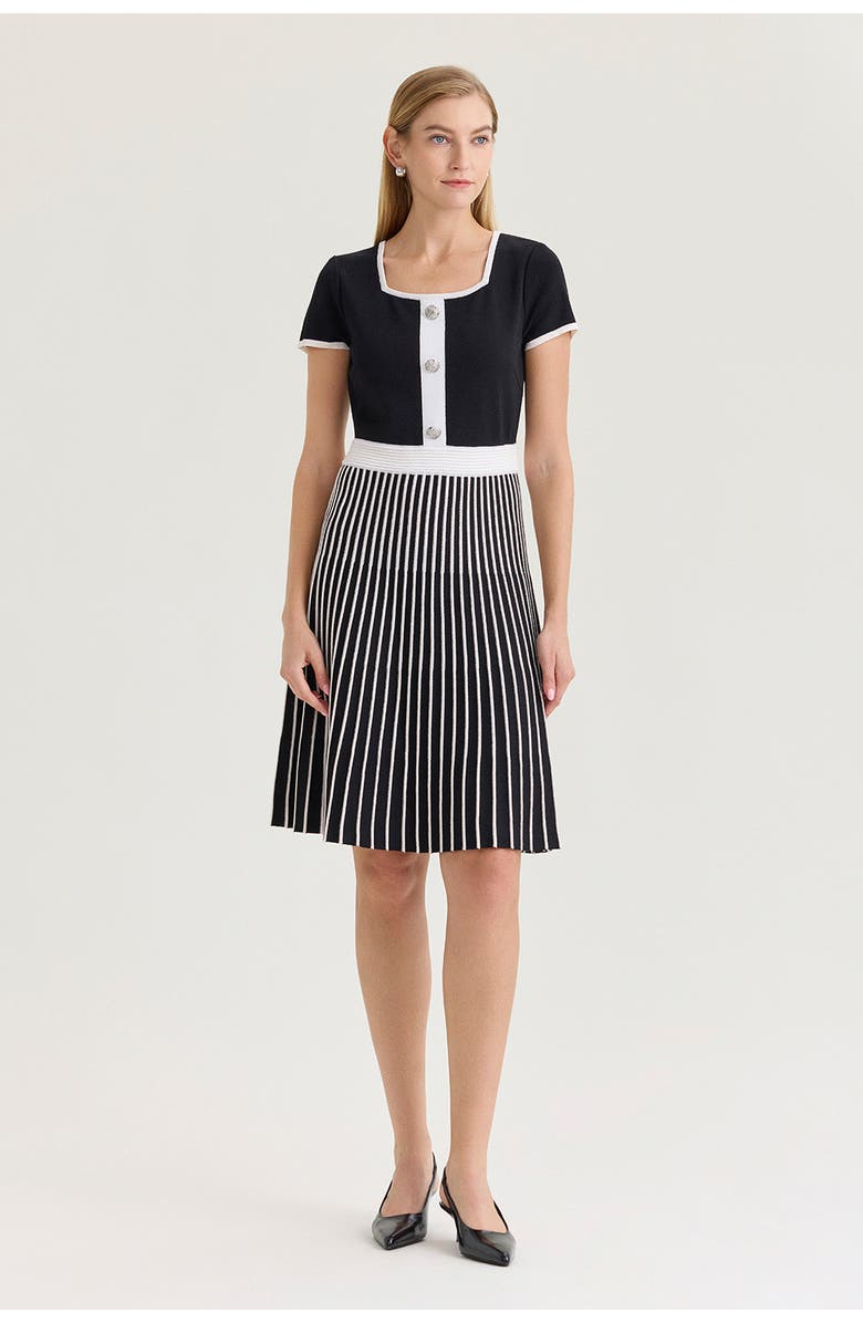 Ming Wang Fit-N-Flare Knee Length Soft Knit Dress, Main, color, Black/White